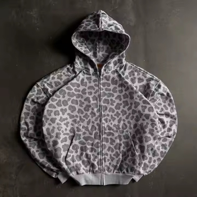 خرید طراحی سفارشی زیپ پلاس سایز جعبه برش Leopard چاپ زیپ بالا پنبه ونتاژ تری اسید شستشو لباس خیابانی هودی برای مردان online manufacture
