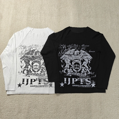 خرید Custom Streetwear Dtg Print Graphic Vintage Raw Hem Crew Neck Waffle Knit Thermal Long Sleeve T Shirt for Men online manufacture
