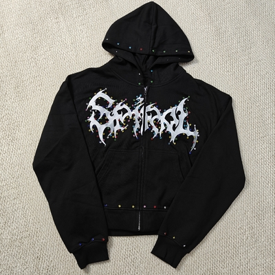 خرید Custom Distressed Embroidery Boxy Cropped Zipper Streetwear 400 gsm 600gsm Men Zip up Heavyweight Rhinestone Hoodie online manufacture