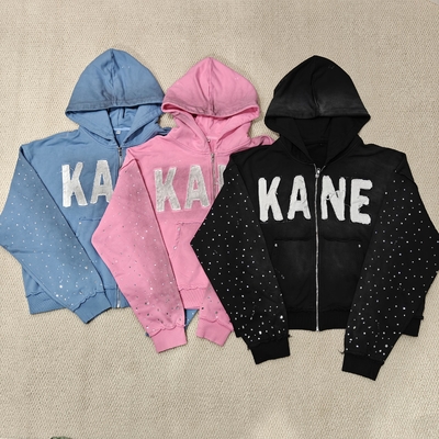 خرید Custom 2025 New Dirty Washed Mens hoodies Y2k Streetwear Vintage Distressed Applique Embroidery Rhinestone Zip up Hoodie online manufacture