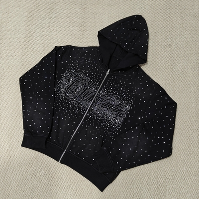 خرید Custom Bulk Luxury Shining Gemstone Oversized Rhinestone Zip up Hoodie Acid Wash Vintage Streetwear Zipped Hoodie for Men online manufacture