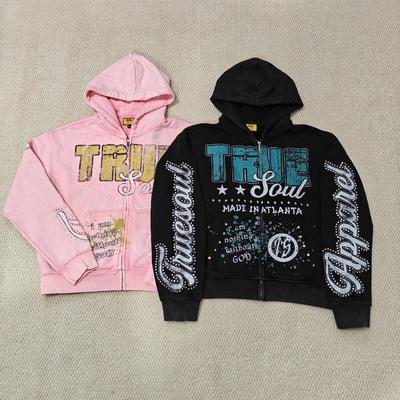 خرید Custom DTG Screen Printing Boxy Heavyweight Zipper Jackets Cotton Distressed Rhinestone Zip up Men Hoodie online manufacture