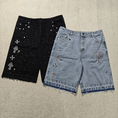 خرید Clothing Manufacturers Custom Streetwear Rhinestone Vintage Black Jeans Shorts Rhinestone Denim Shorts Jorts for Men online manufacture