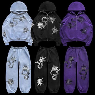 لباس های خیابانی Y2k یونیسکس صورت کامل زیپ بالا Bling String Hoodie مجموعه 100٪ پنبه